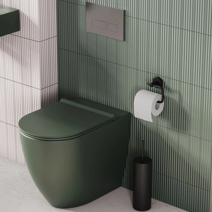 Lifestyle image of the Zero 3 Matt Green Rimless Back To Wall Toilet & Soft Close Seat