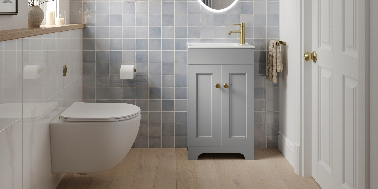 Lifestyle image of the Kingsbury Wall-Hung Cloakroom Toilet Dove Grey
