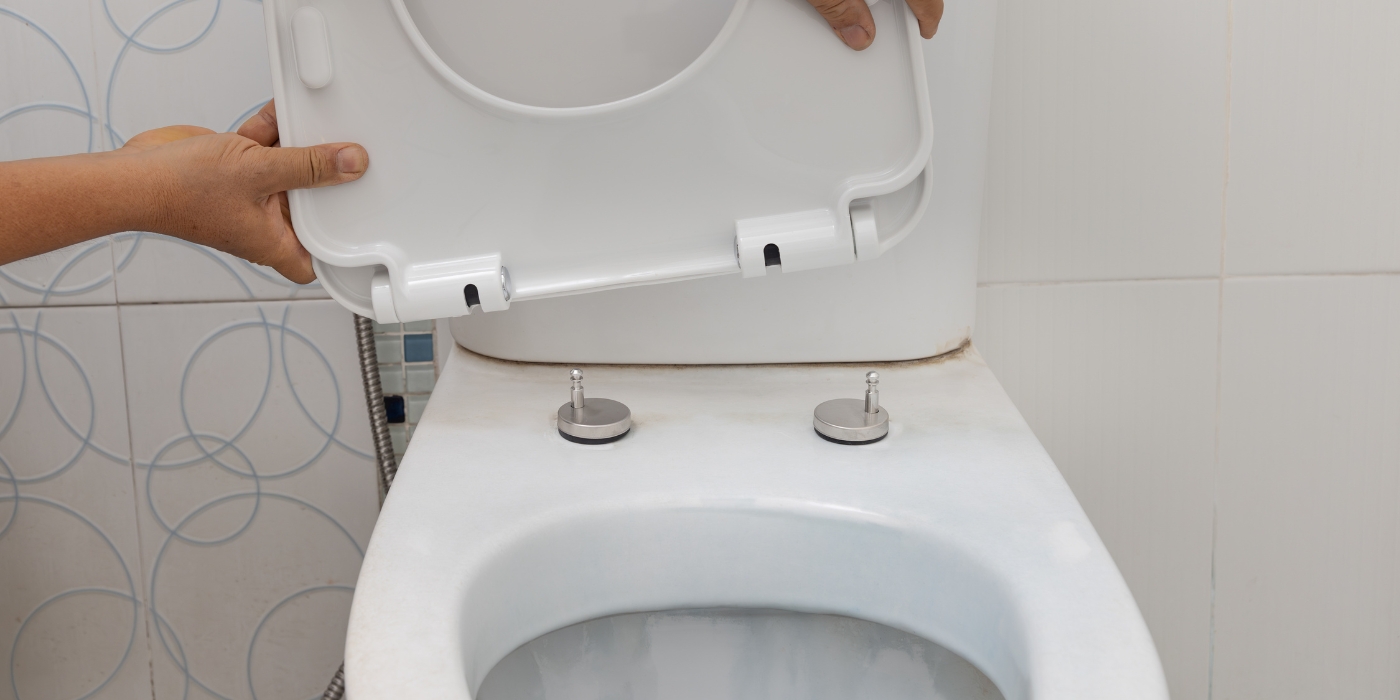 A toilet seat being attached to a toilet pan