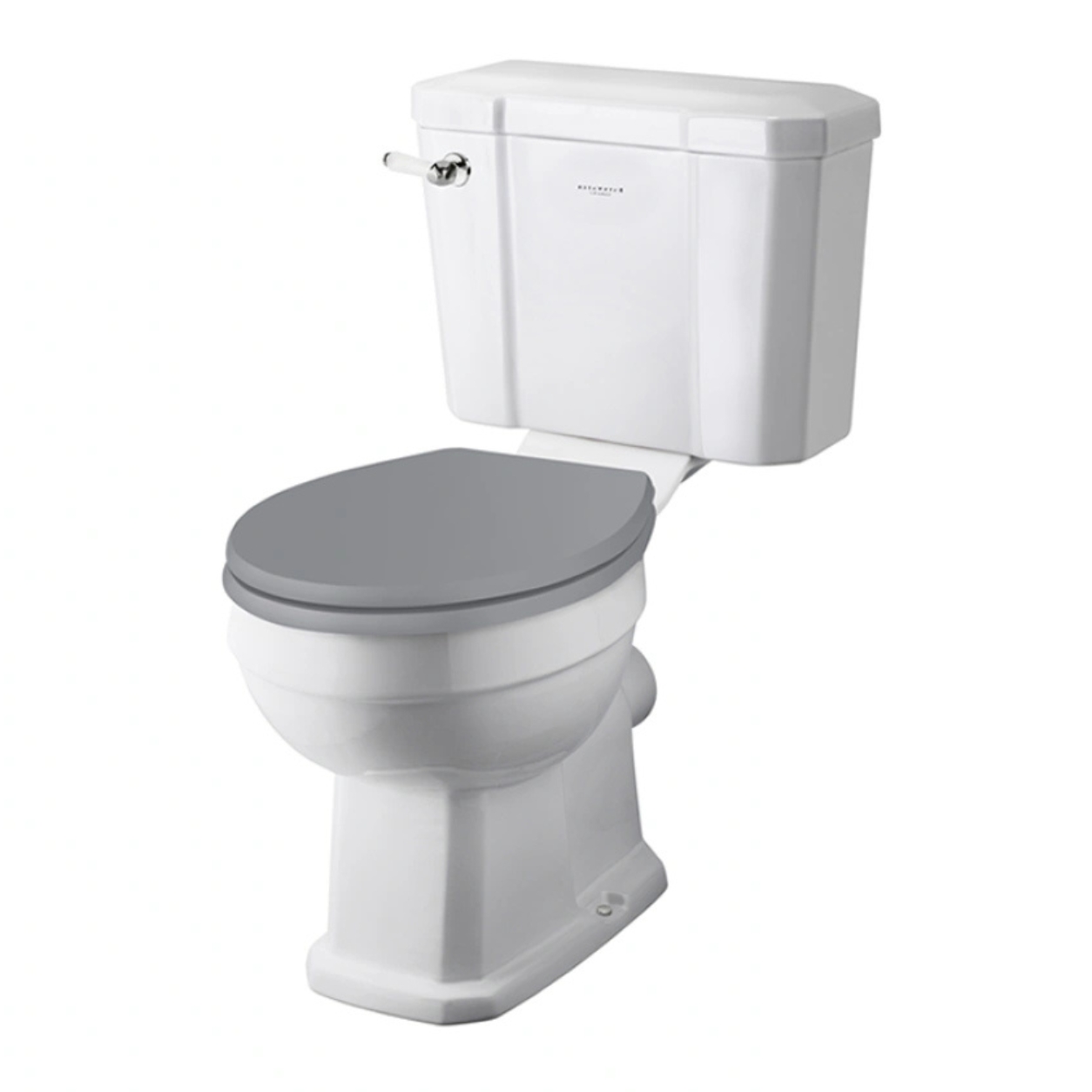 A cut out image of a close-coupled toilet with a sandwhich toilet seat
