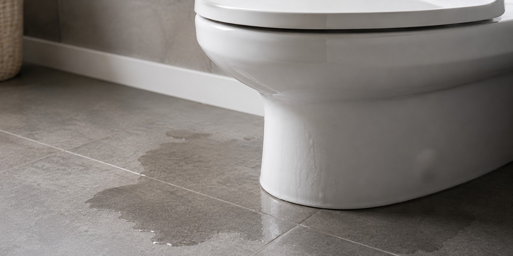 The base of a toilet pan pooling water from toilet sweating