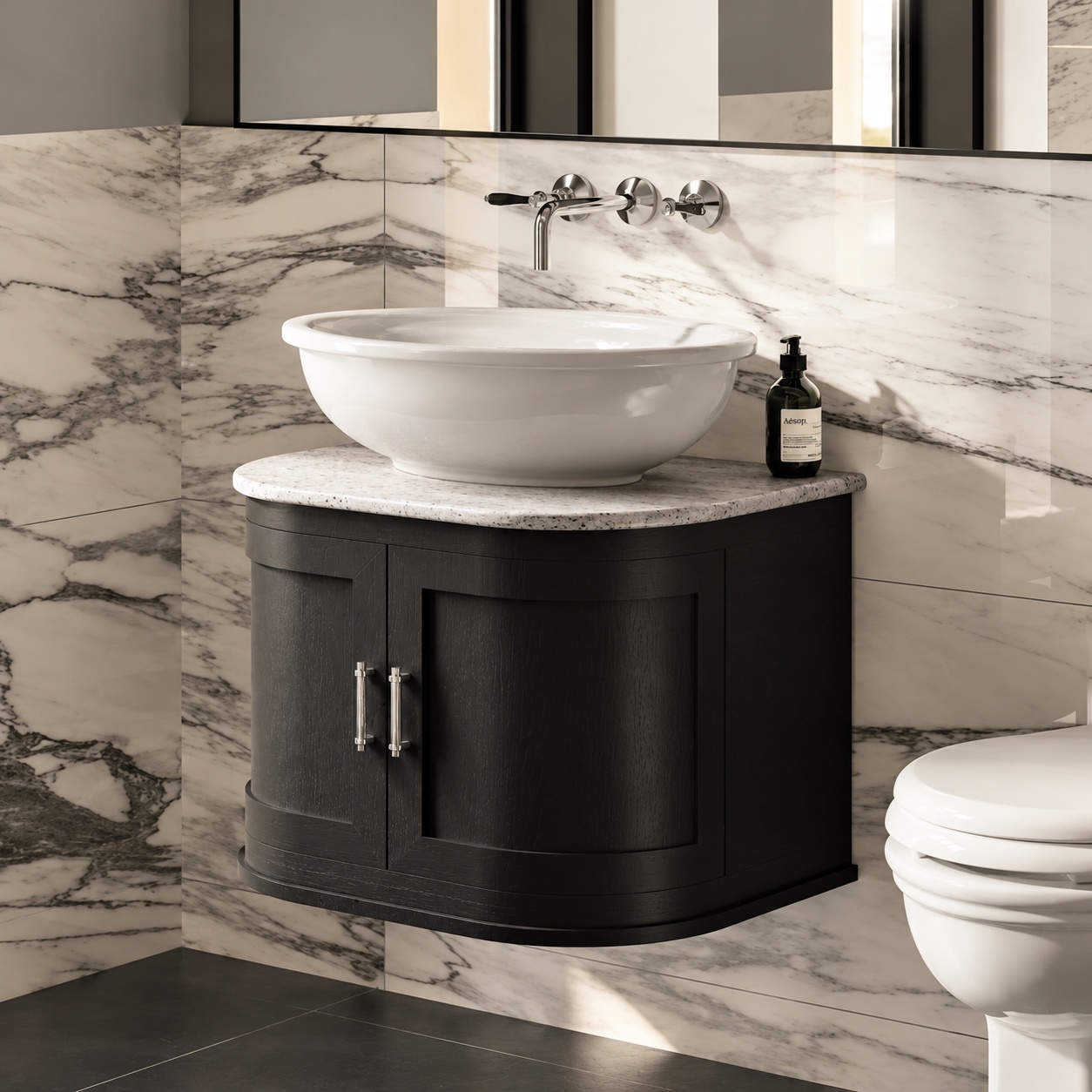 Lifestyle image of the Imperial Regent Bay Matt Black Wall Hung Vanity Unit With Two Doors & Worktop