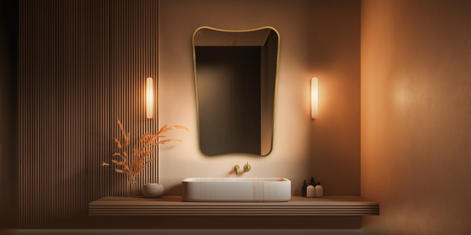 Lifestyle image of the Origins Living Delphine Brushed Brass Mirror