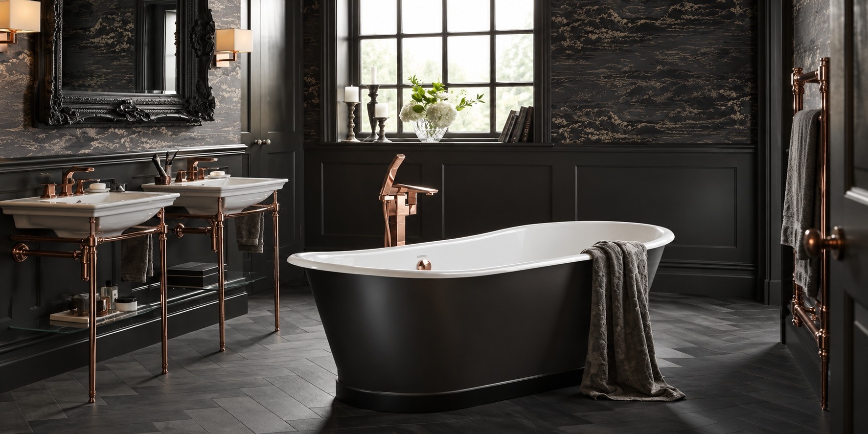 A dark luxury bathroom with a colour-matched black freestanding bath, walls, panelling, and coloured-matched copper double basins, radiator and bath mixer tap.