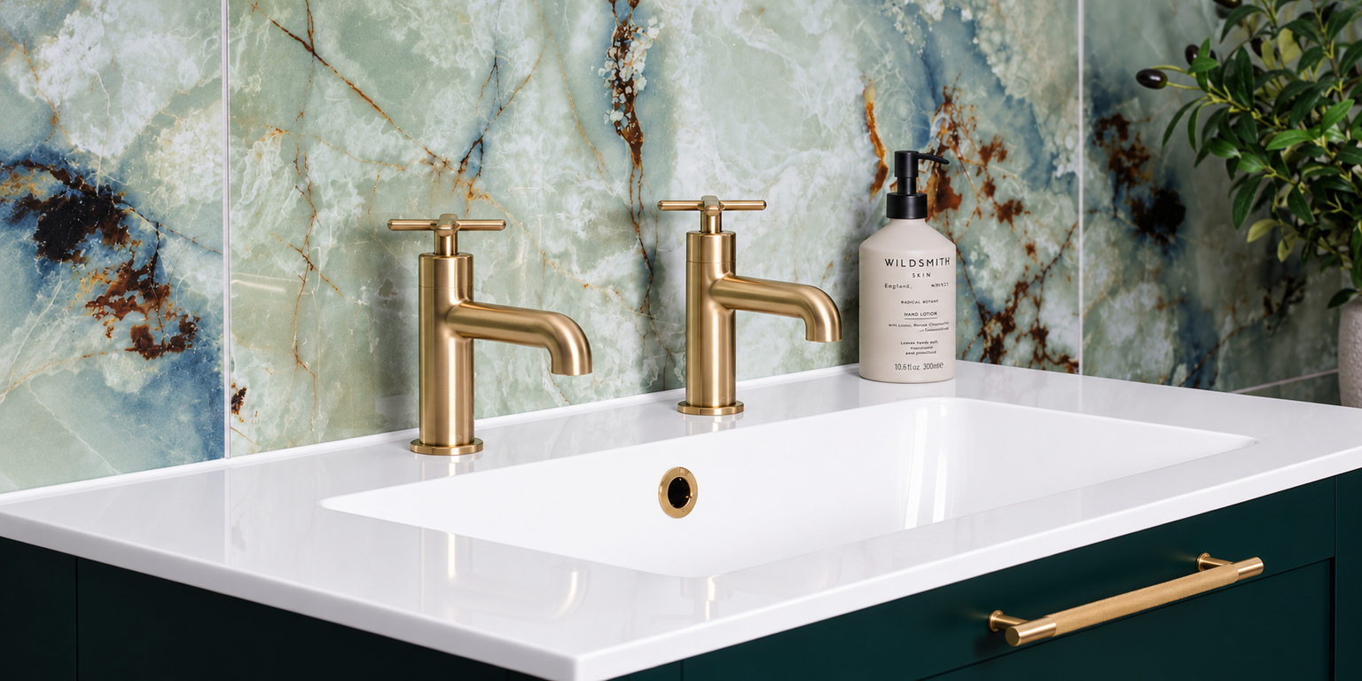Lifestyle image of the Heritage Salcombe Brushed Brass Basin Pillar Taps
