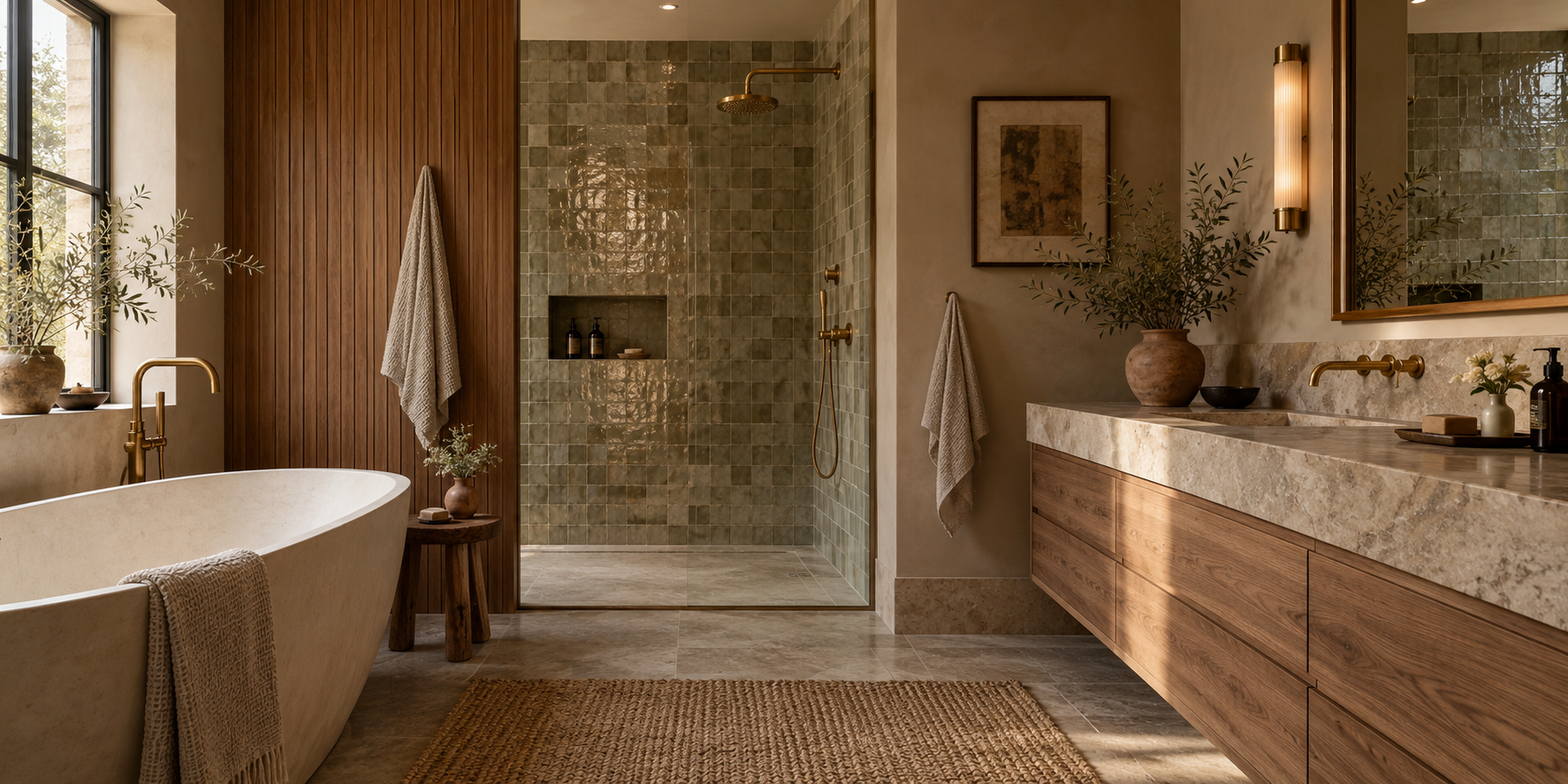A warm, layered bathroom with wood wall panelling, green zellige-style shower tiles, a stone vanity, wood-effect drawers, a freestanding bath, and brushed brass fittings