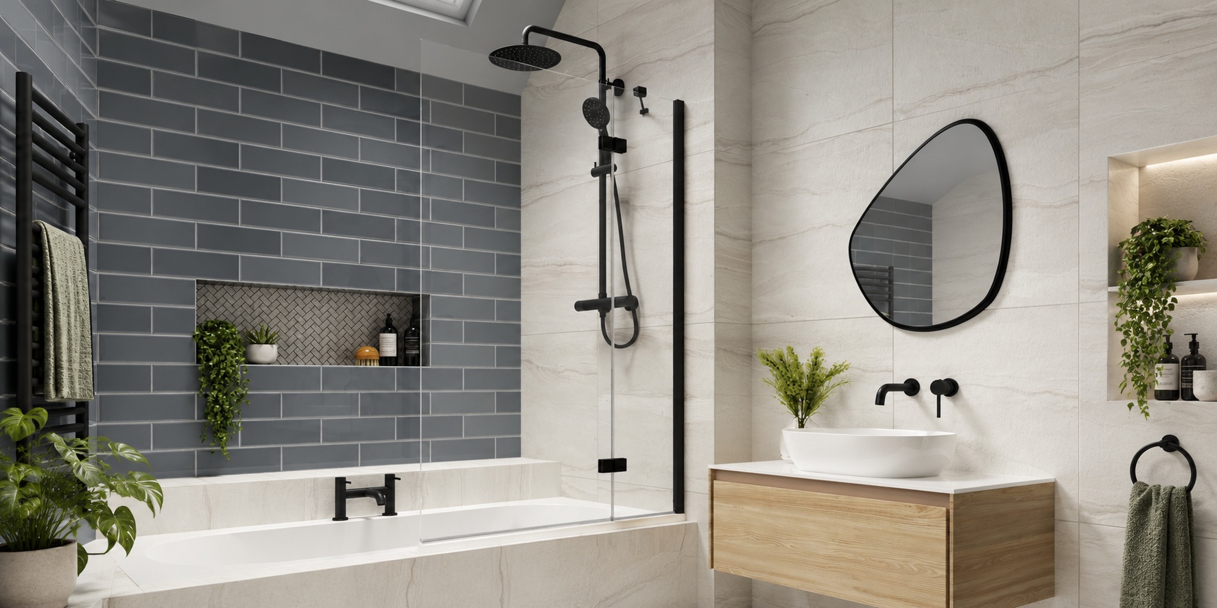 Modern bathroom with subway tiles, a shower bath, wood vanity, and vessel basin, complete with black brassware