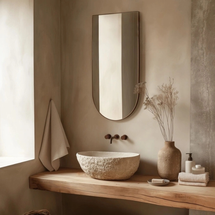 Lifestyle image of the Origins Living Oslo Arched Brushed Bronze 500 x 1000mm Mirror