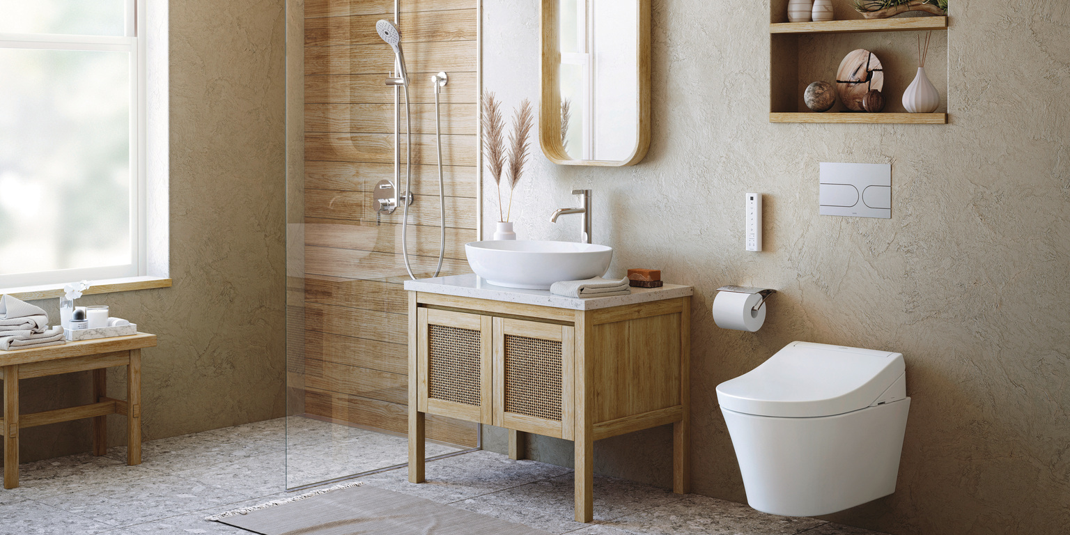 Lifestyle image of the TOTO Washlet RG Rimless Wall Hung Toilet in a wellness style bathroom
