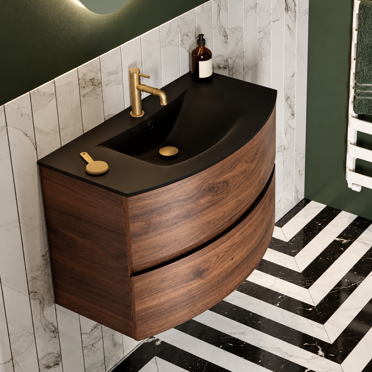 Lifestyle image of the Crosswater Svelte American Walnut Wall-Hung Vanity Unit & Basin