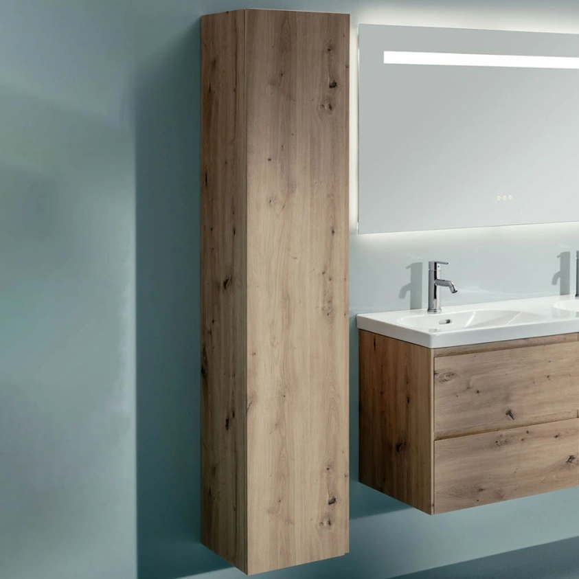 Lifestyle image of the Laufen Lani Wild Oak Tall Wall-Hung Cabinet