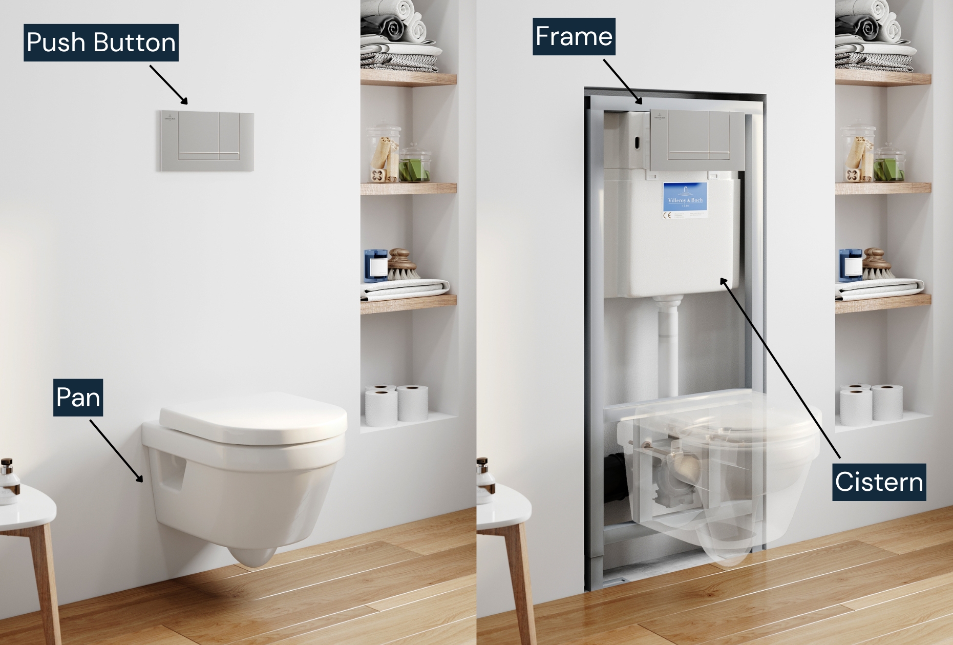Image of a wall hung toilet and its cistern and frame installed within a bathroom wall