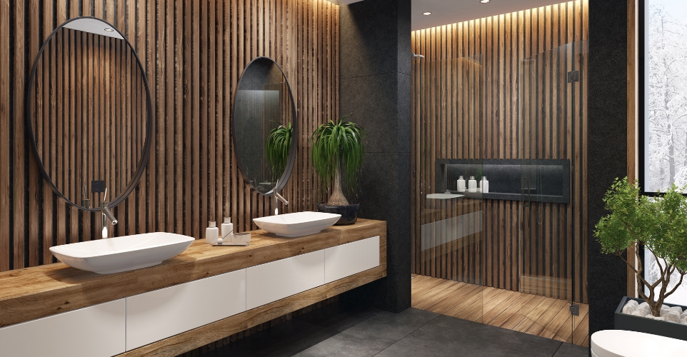 a wellness bathroom of biophilic design with countertop basins and walk-in shower