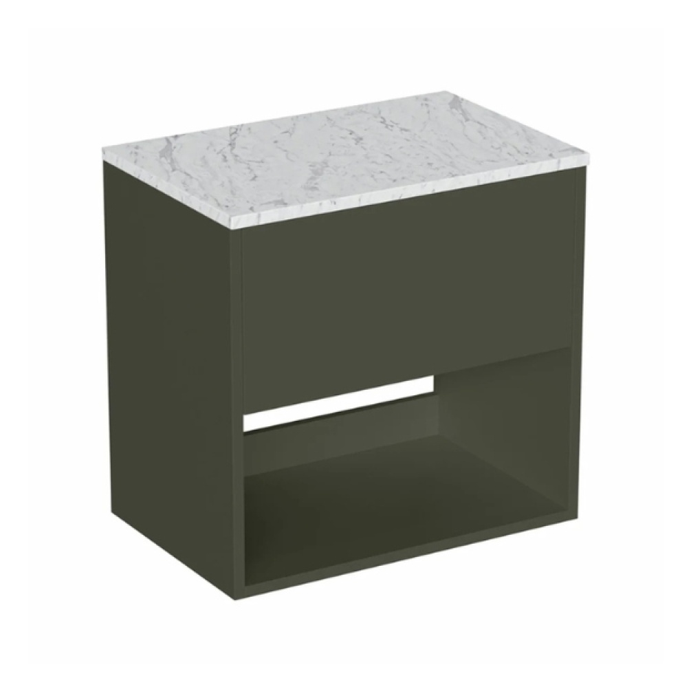 Cut out image of the Britton Hackney Earthy Green 600mm Wall Hung Vanity Unit & Carrara Worktop