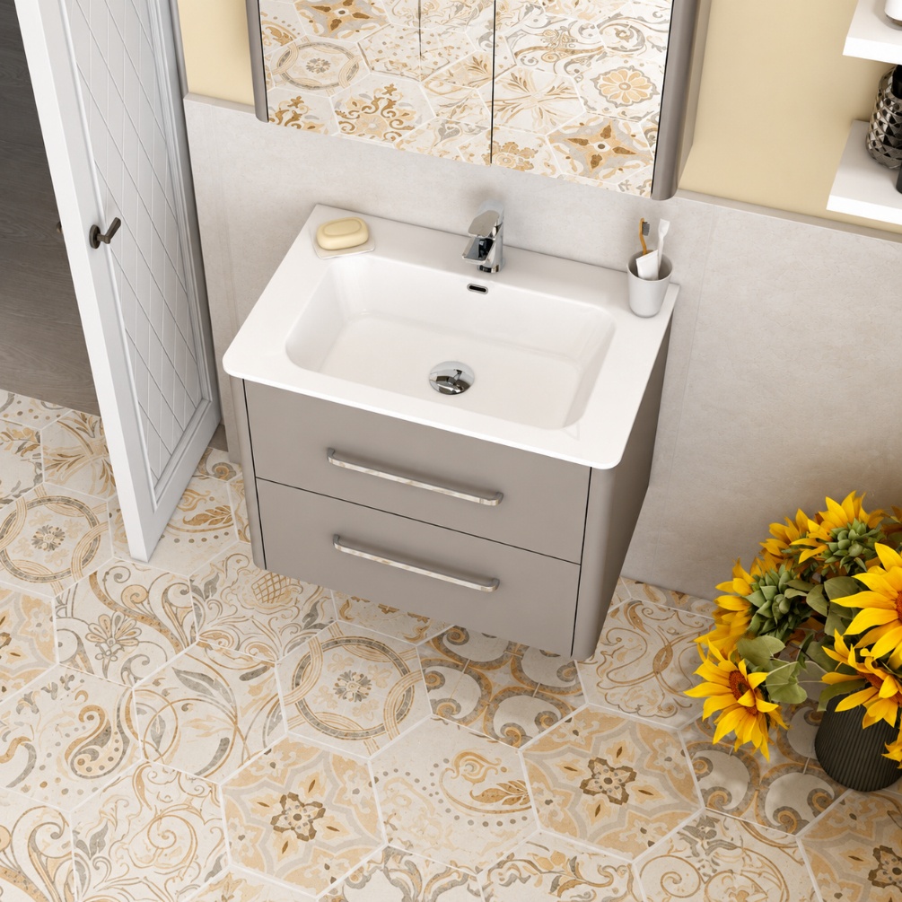 Imex Suburb Matt Ash Double Drawer 600mm x 395mm Wall Hung Bathroom Vanity Unit With Basin Lifestyle