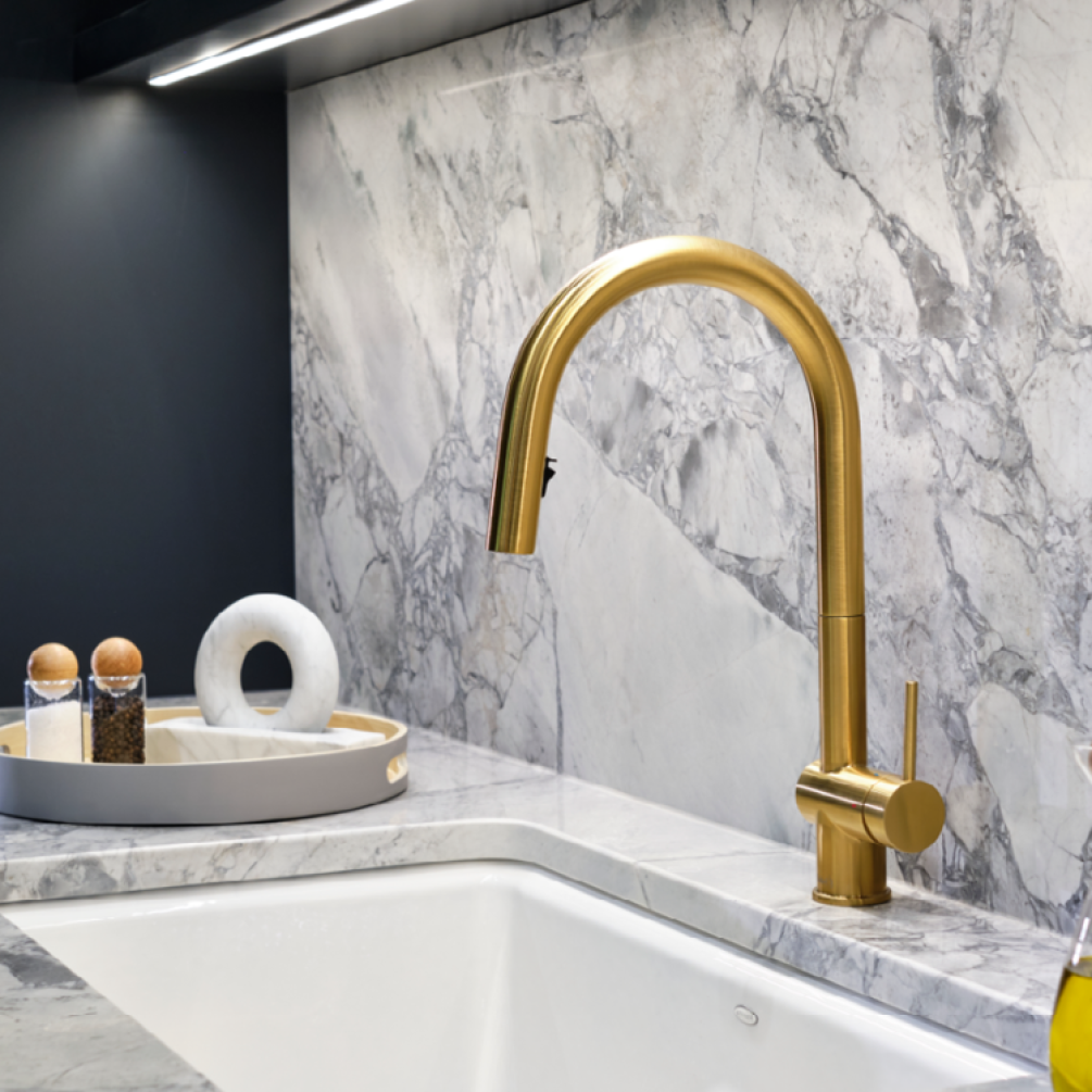 Photo of the Riobel Azure Single Lever Kitchen Mixer in Brushed Gold