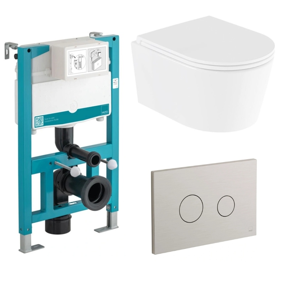 Vado Cameo Round Rimless Wall Hung Toilet with 835mm Short WC Frame, Cistern & Brushed Nickel Flush Plate