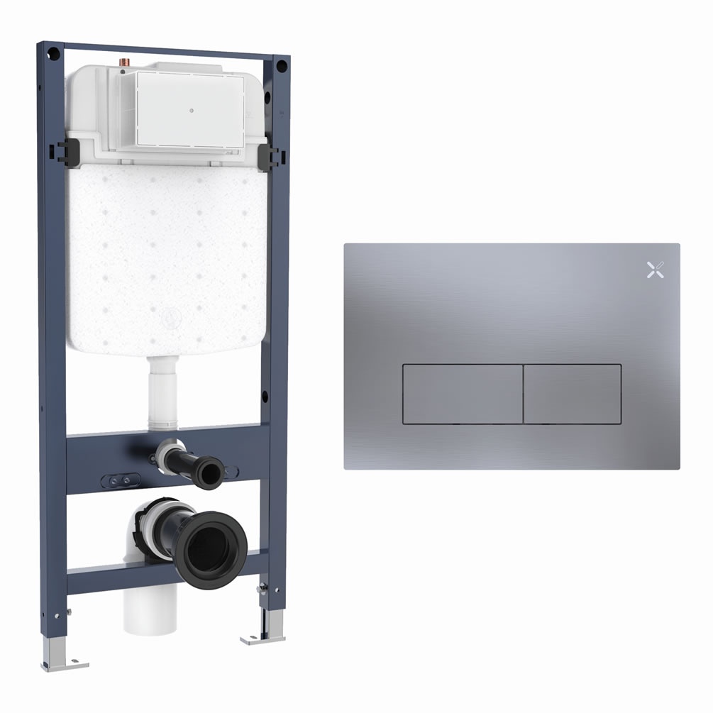Cutout image of Crosswater 1120mm Slim Wall-Hung Cistern Frame & MPRO Brushed Nickel Stainless Steel Dual Flush Plate