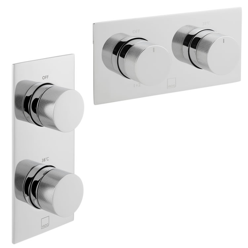 Cutout image of Vado Tablet Knurled Accents 2 Outlet Thermostatic Valve vertical.
