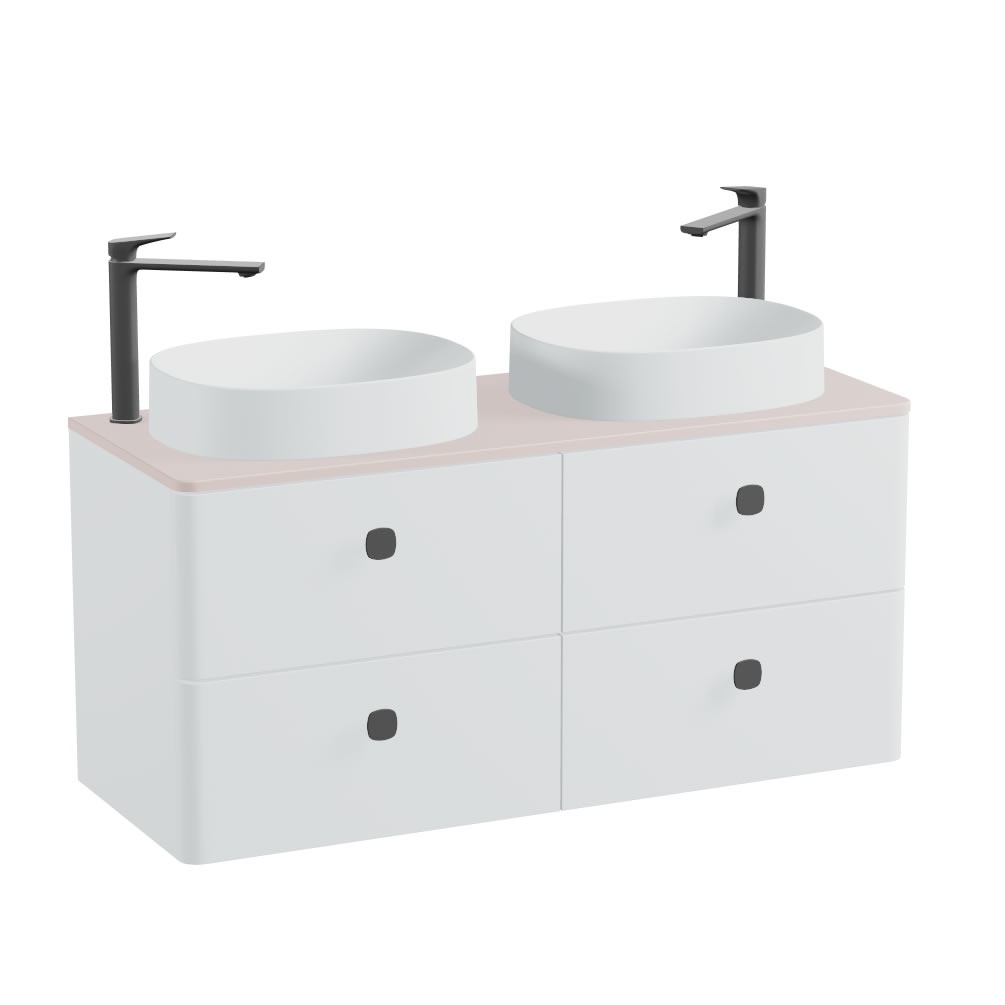 Vado Cameo 1200mm Arctic White Wall Hung 4 Drawer Vanity Unit, Pink Clay Worktop & Arctic White Basins