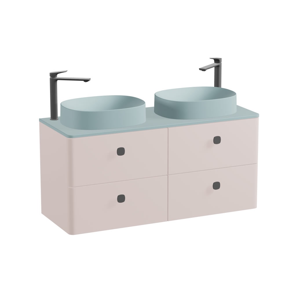 Vado Cameo 1200mm Pink Clay Wall Hung 4 Drawer Vanity Unit, Cove Blue Worktop & Oval Basins