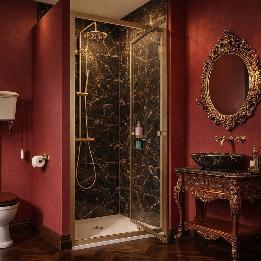 Lifestyle image of Dune Brushed Brass 1000mm Infold Shower Door