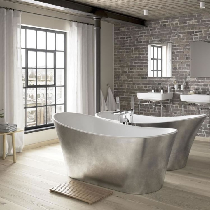 Product Lifestyle image of two Heritage Holywell 1710mm Stainless Steel Effect Freestanding Acrylic Single Ended Baths