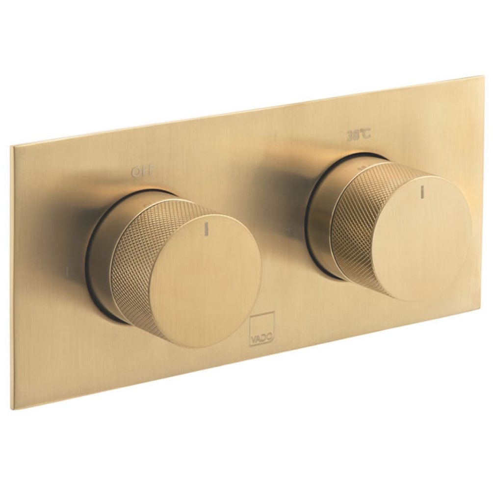 Cutout image of Vado Individual Knurled Accents Brushed Gold Dual Outlet Shower Valve Horizontal