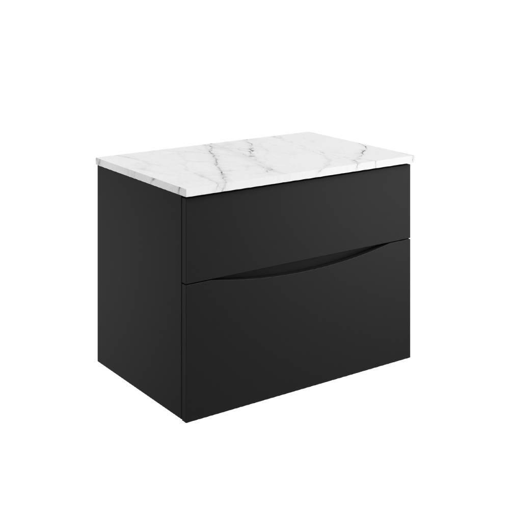 Product Cut out image of the Crosswater Glide II Matt Black 700mm Double Drawer Unit with Carrara Marble Worktop