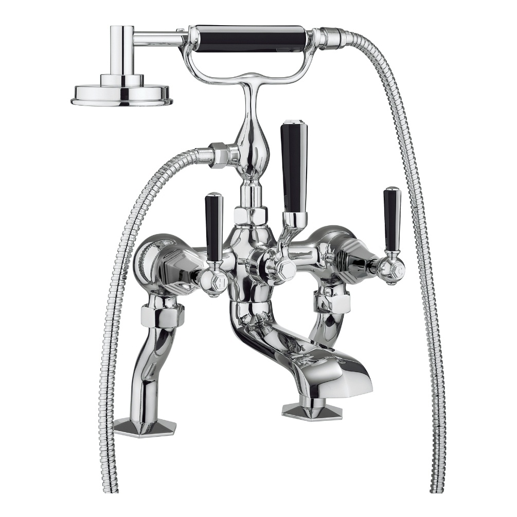 Cut out image of the Crosswater Waldorf Chrome Deck Mounted Black Lever Bath Shower Mixer