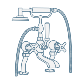 iconography image of a traditional bath shower mixer tap with shower handset and crosshead lever handles