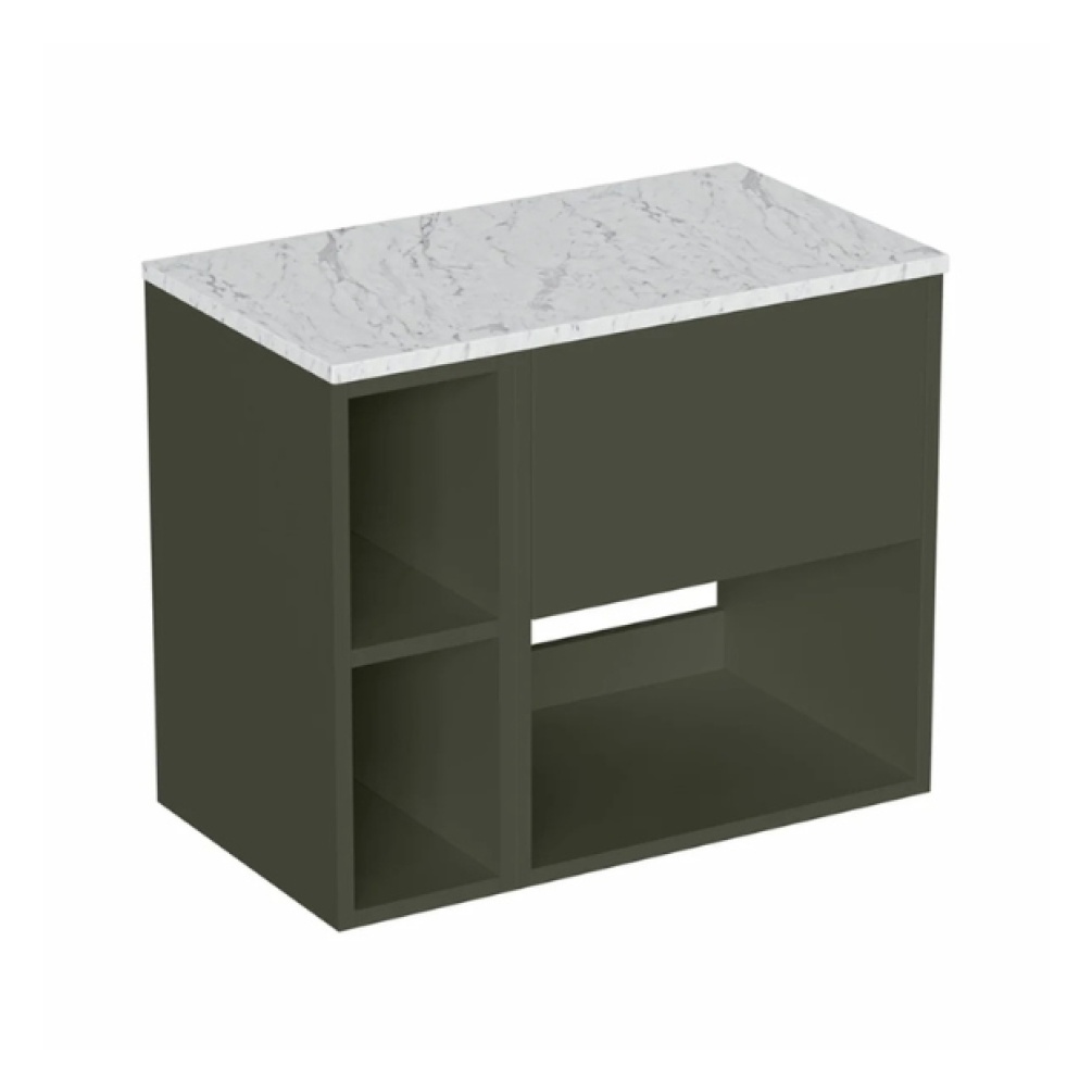 Cut out image of the Britton Hackney Earthy Green 700mm Wall Hung Vanity Unit with Worktop & Shelf Unit