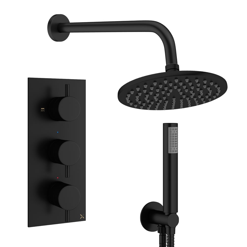 Cutout image of Crosswater Design Matt Black Dual Outlet Three Handle Rainfall Shower Set