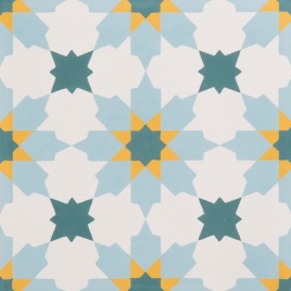 image of a patterned porcelain bathroom tile with yellow, grey and eight pointed star shapes