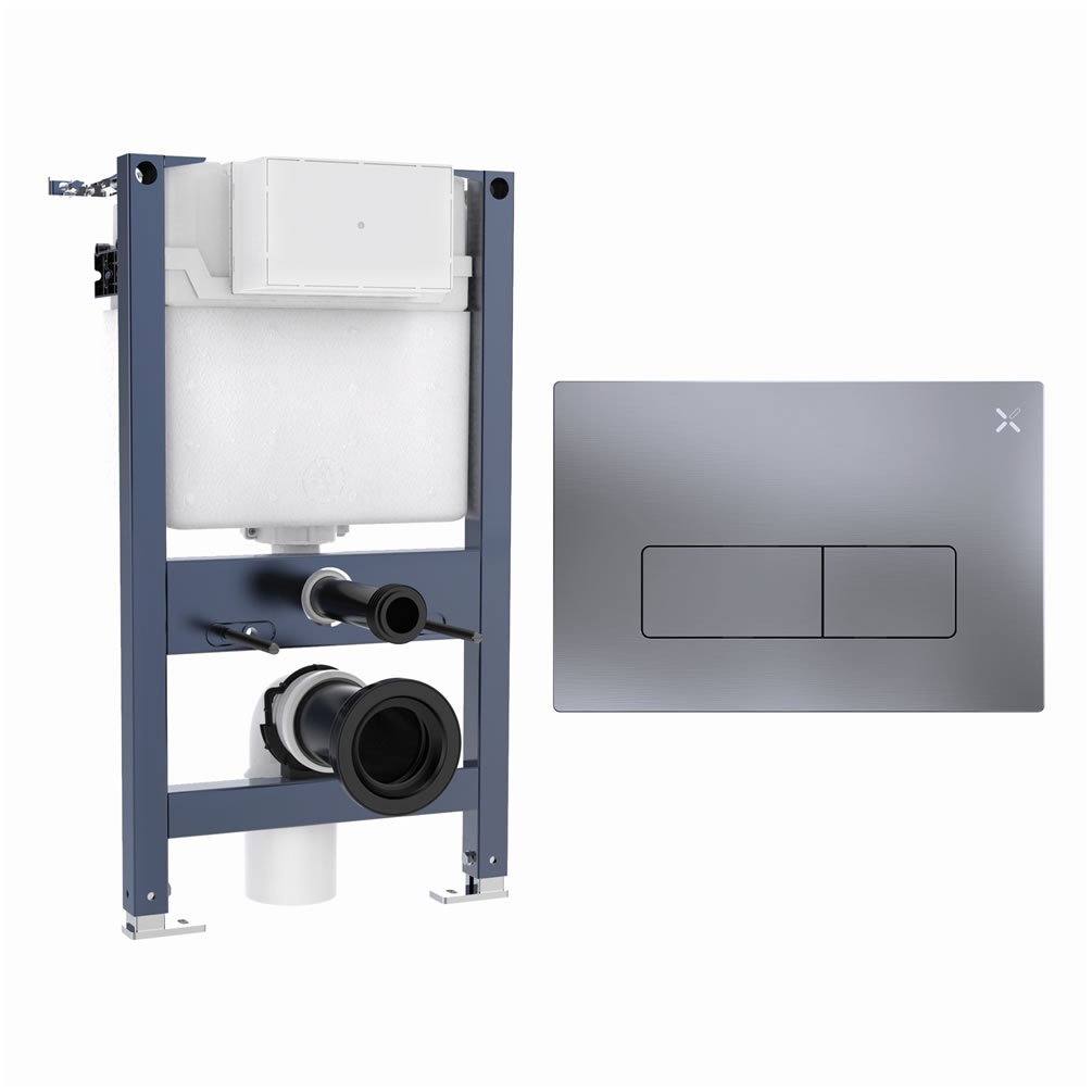 Cutout image of Crosswater 820mm Wall-Hung Cistern Frame & MPRO Brushed Nickel Dual Flush Plate