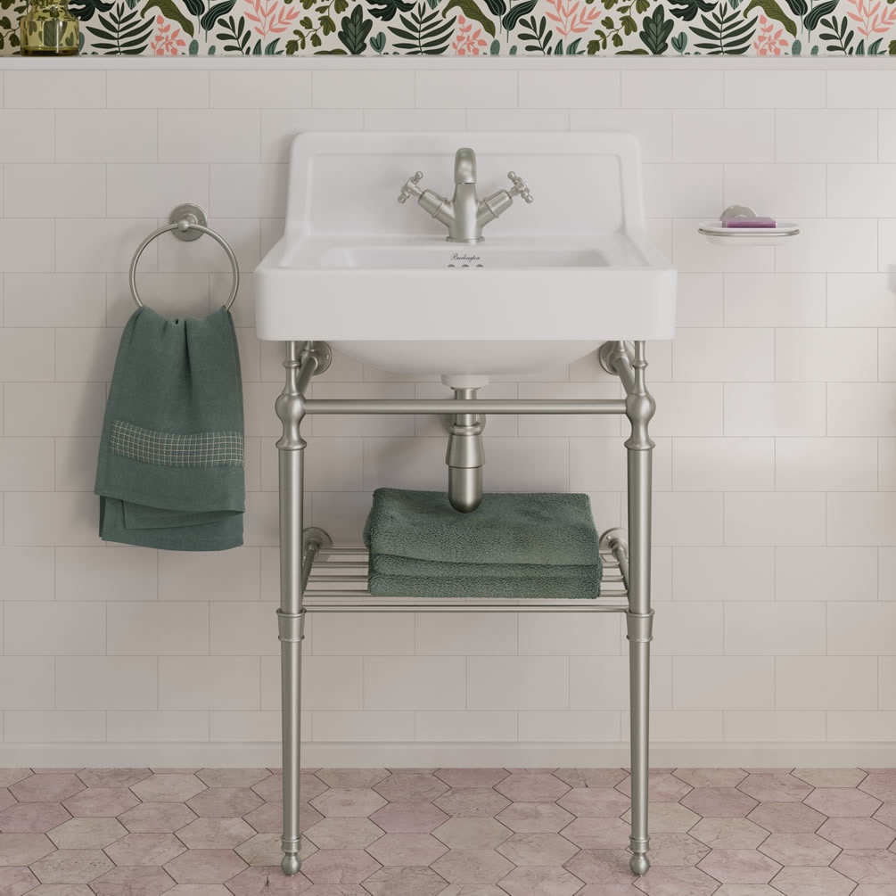 Burlington Contemporary Upstand 560mm Basin & Brushed Nickel Washstand - Image 1