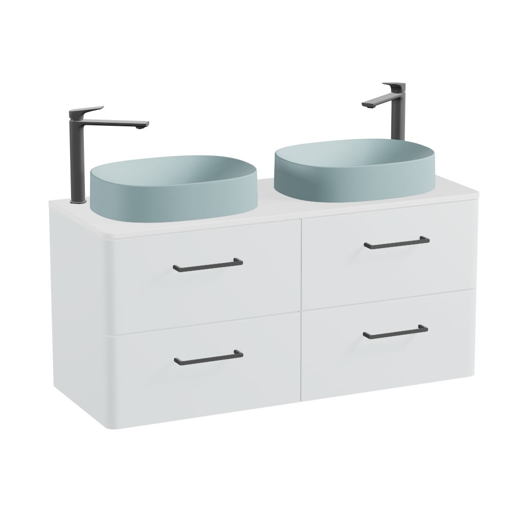 Vado Cameo 1200mm Arctic White Wall Hung 4 Drawer Vanity Unit, Gloss Worktop & Cove Blue Basins