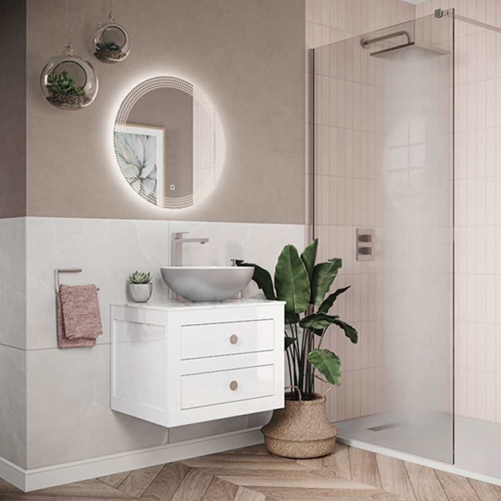 Lifestyle image of Crosswater Canvass White Gloss Wall-Hung Vanity Unit with Marble Worktop