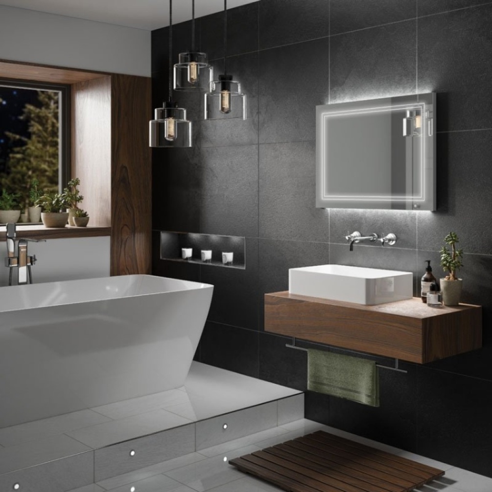 Product Lifestyle image of the HIB Outline 800mm LED Bathroom Mirror
