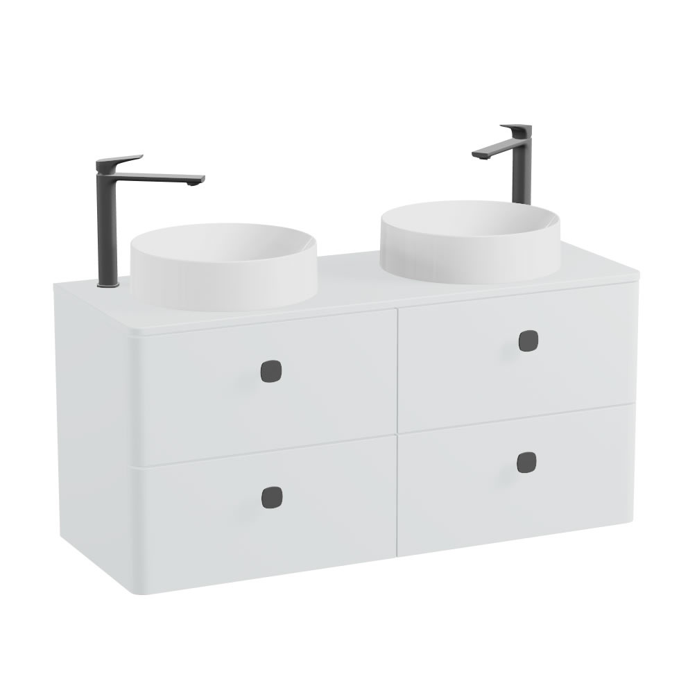 Vado Cameo 1200mm Arctic White Wall Hung 4 Drawer Vanity Unit, Worktop & Gloss Basins