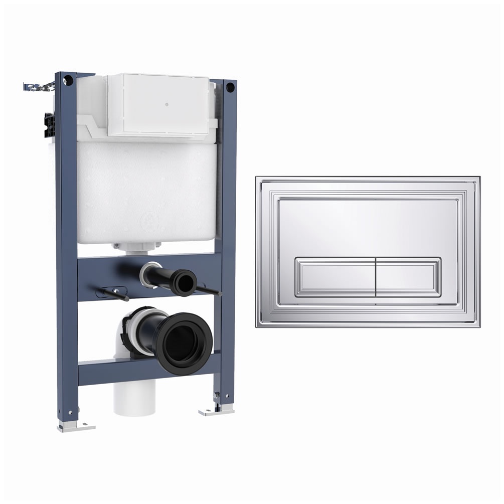 Cutout image of Crosswater 820mm Wall-Hung Cistern Frame & Belgravia Chrome Dual Flush Plate