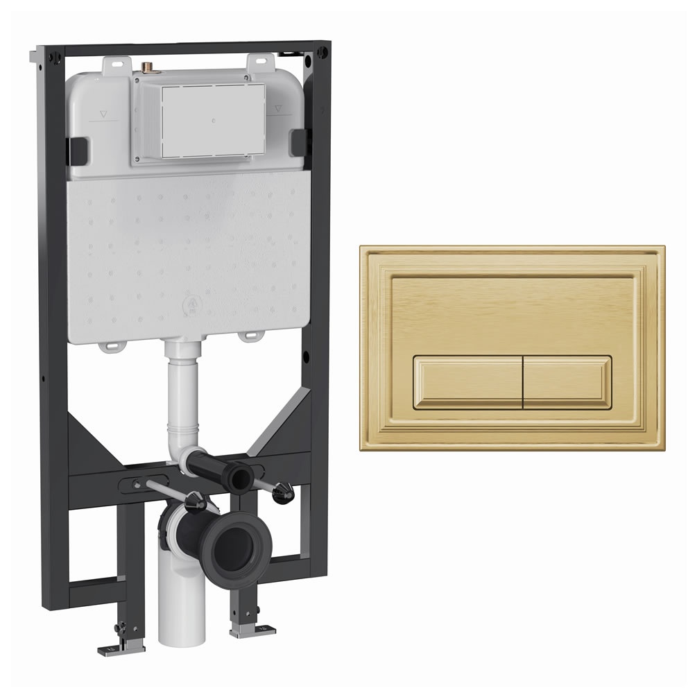 Cutout image of Crosswater 1140mm Ultra-Slim Wall-Hung Cistern Frame & Belgravia Brushed Brass Dual Flush Plate