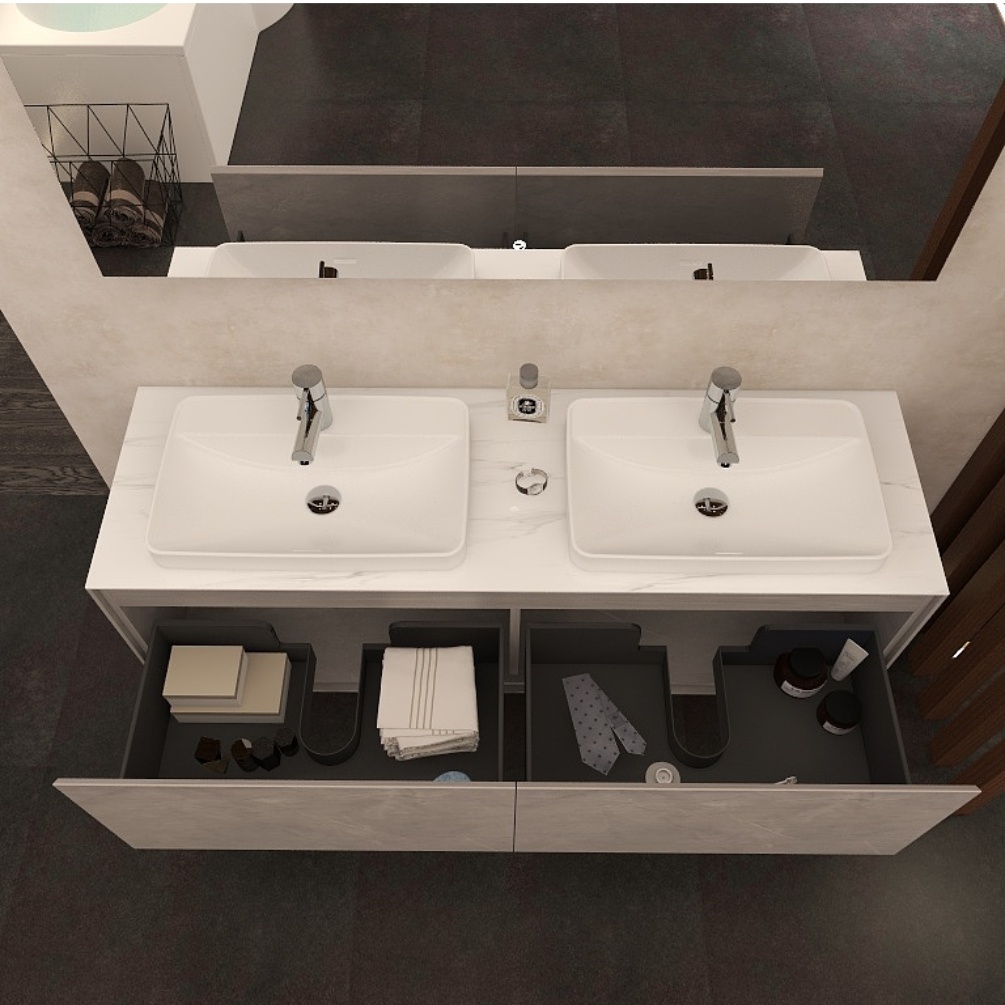 Imex Arco Slate Doubel Countertop Vanity Unit 2 white basins marble worktop