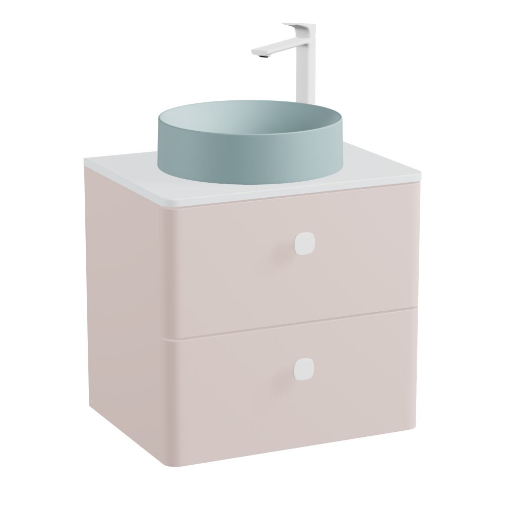 Vado Cameo 600mm Pink Clay Wall Hung 2 Drawer Vanity Unit, Arctic Worktop & Blue Basin