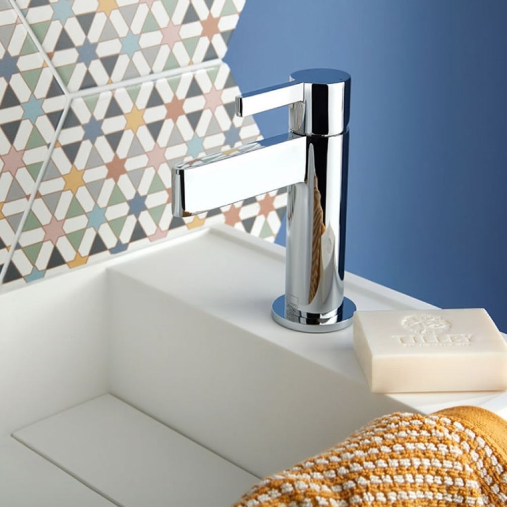 Lifestyle image of Vado Edit Mini Mono Basin Mixer with Universal Waste.