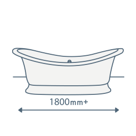iconography image of a large roll top bath with text underneath saying 1800mm+ and an arrow indicating the length of the bath