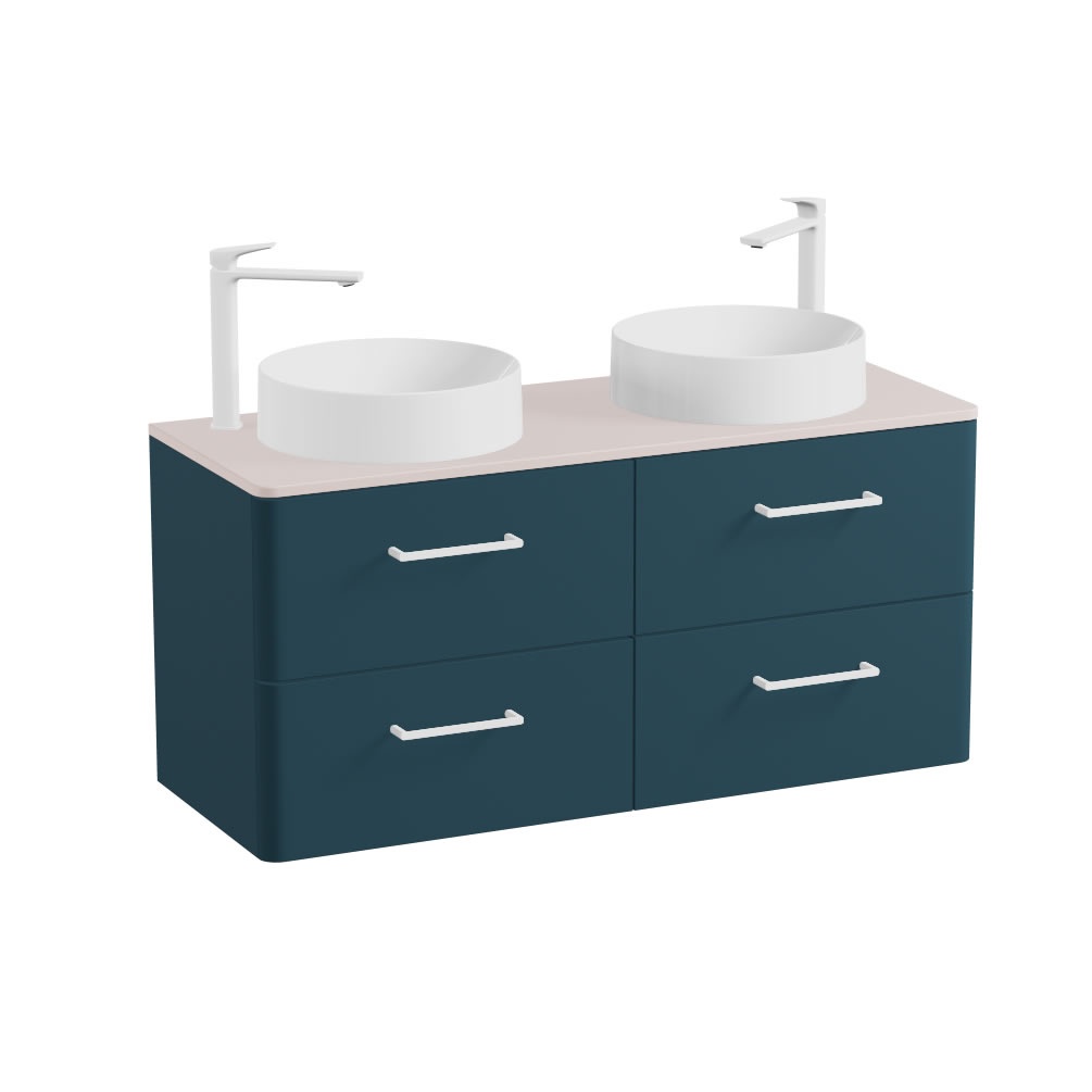 Vado Cameo 1200mm Atlantic Blue Wall Hung 4 Drawer Vanity Unit, Pink Worktop & Gloss Basins