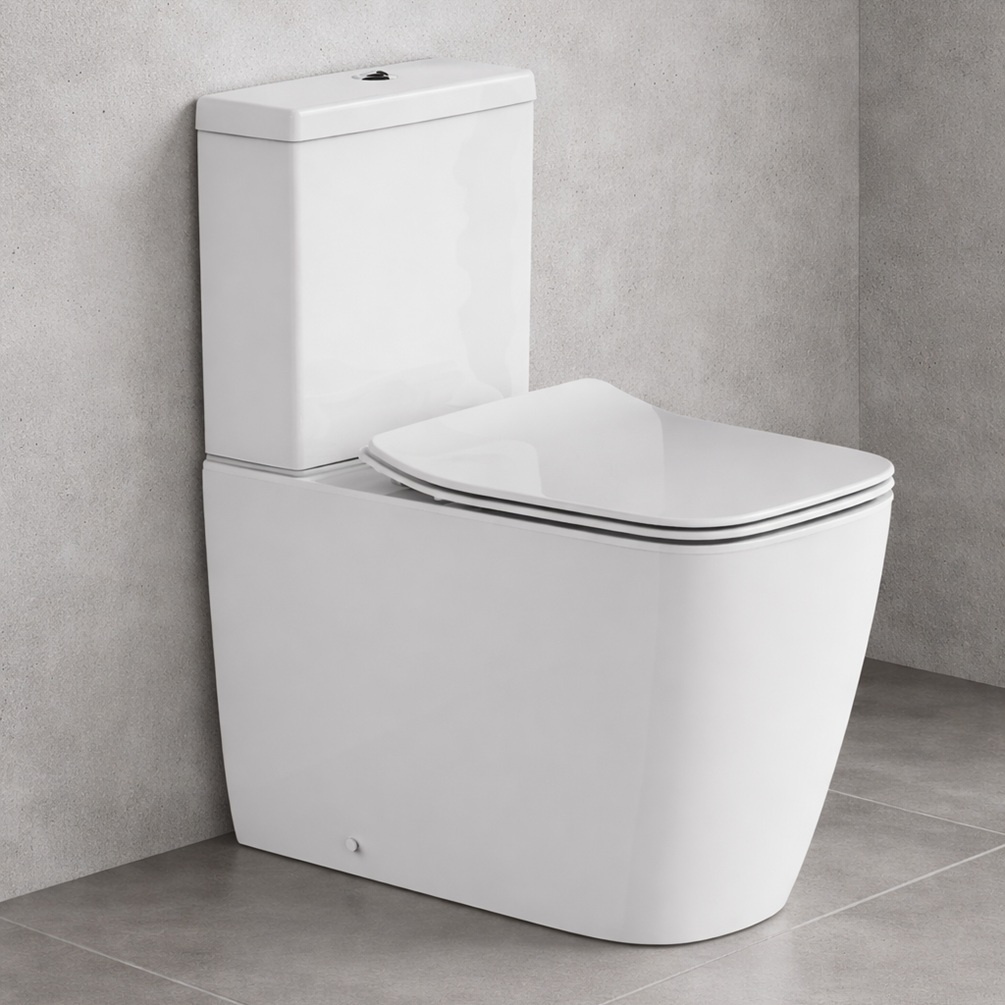 product lifestyle image of Britton Hoxton Square Rimless Close Coupled Toilet in grey bathroom HOX6118SCW