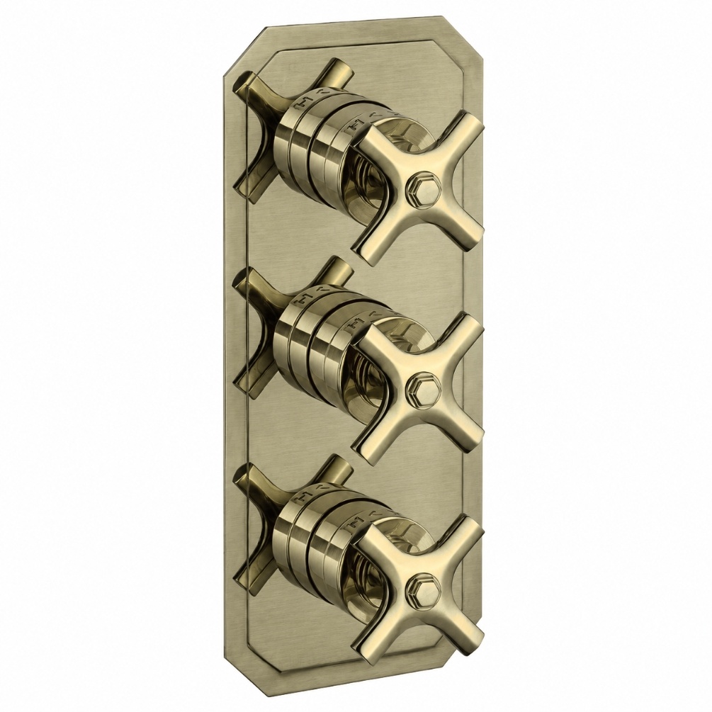 Cut out image of the Crosswater Waldorf Brushed Brass 3 Outlet 3 Handle Thermostatic Shower Valve