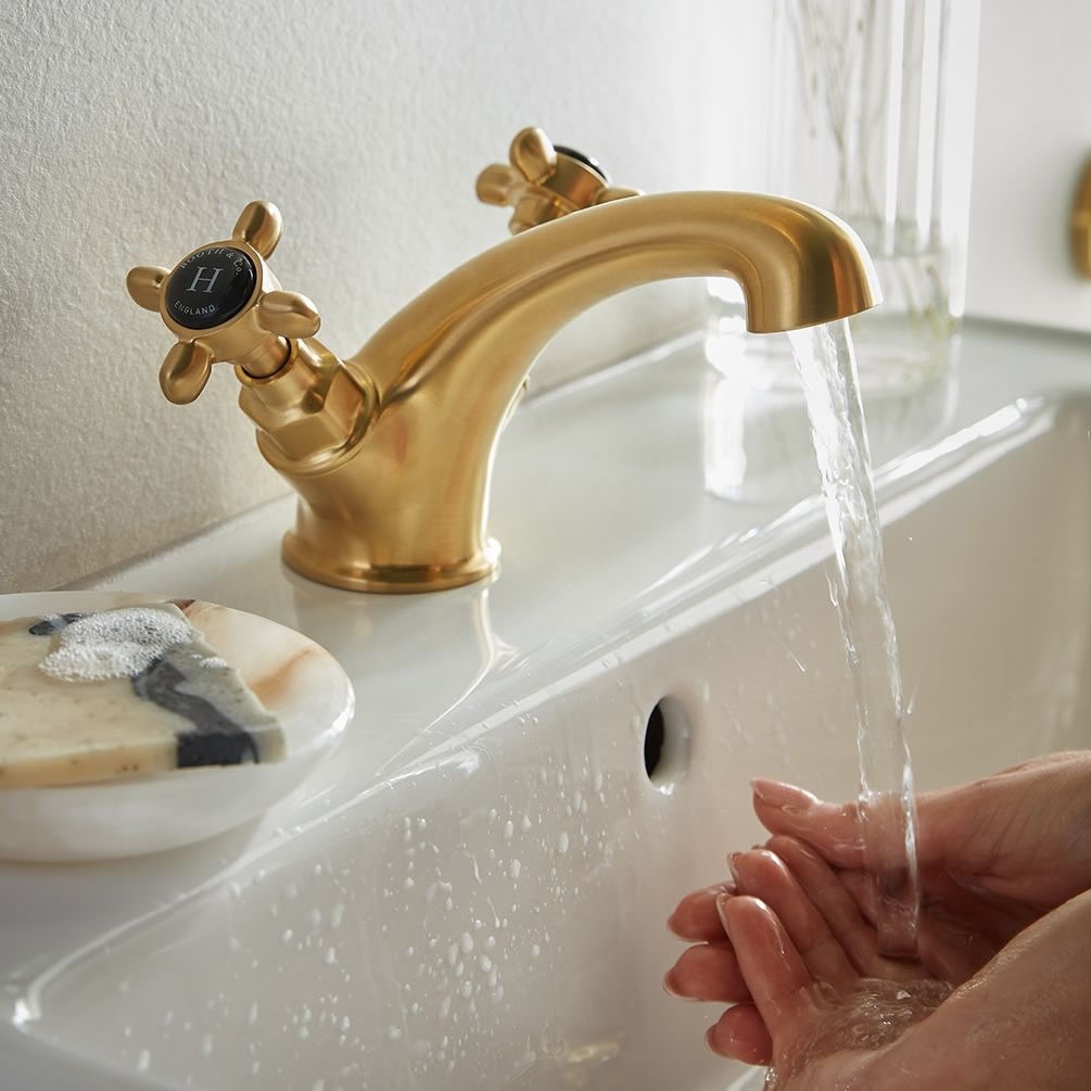 Booth & Co. Axbridge Black Cross Brushed Brass Mono Basin Mixer - Lifestyle Image 1